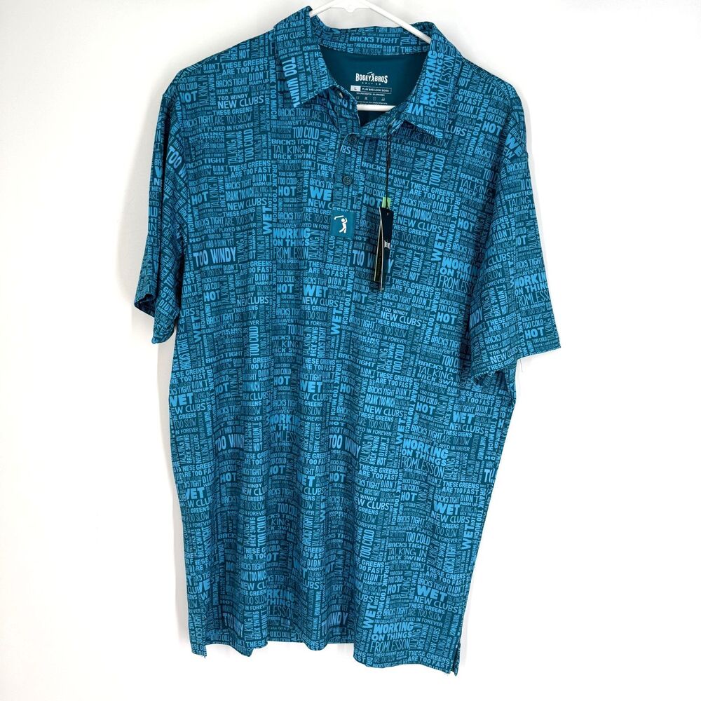 Bogey Bros Golf Polo Mens L Whiff and Bluff Excuse Blue Short Sleeve Preppy NWT
